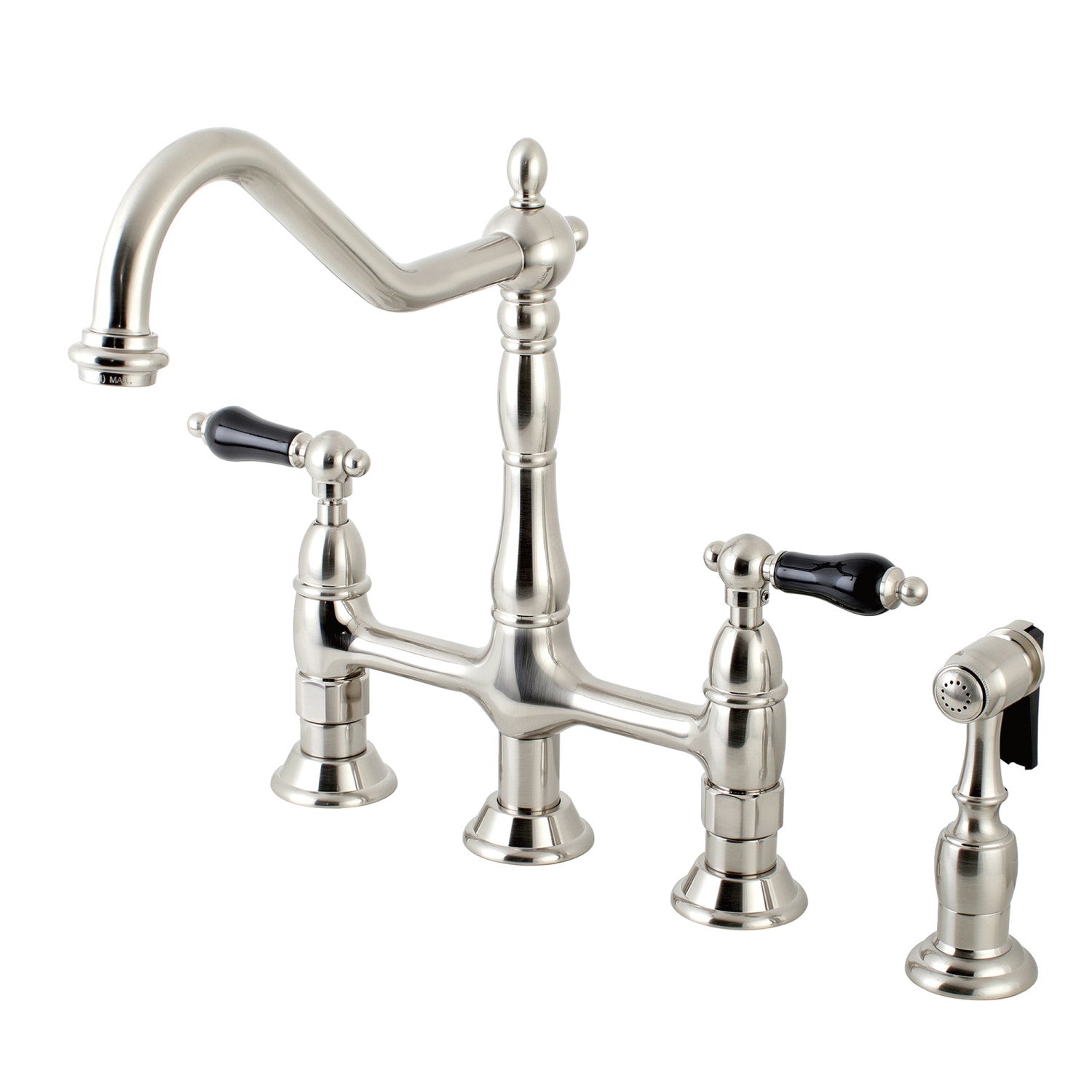 Kingston Heirloom KS1278PKLBS - Duchess Two-Handle 4-Hole Deck Mount Bridge Kitchen Faucet with Brass Sprayer, Brushed Nickel — image 1